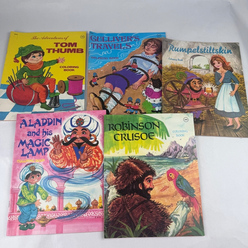 Vintage Lot of 5 Coloring Books Aladdin Gulivers Travels Tom Thumb Most Uncolore